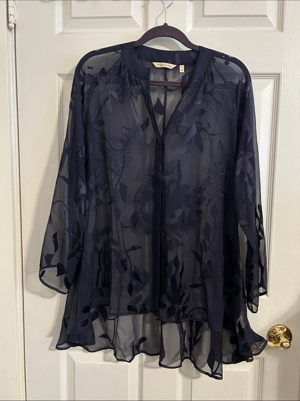 Soft Surroundings Navy Sheer Floral Blouse Silk Blend Sz Large Petite